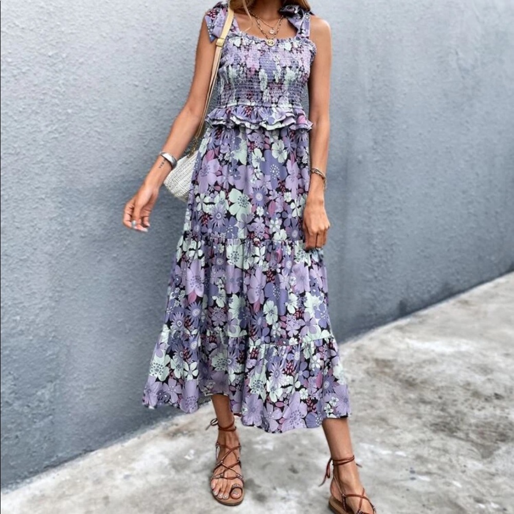Boho floral shirred tie shoulder maxi dress